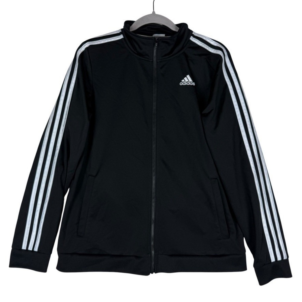 Adidas Track Jacket Boys XL Black White 3 Logo Stripes Full Zip Mock Neck Sports